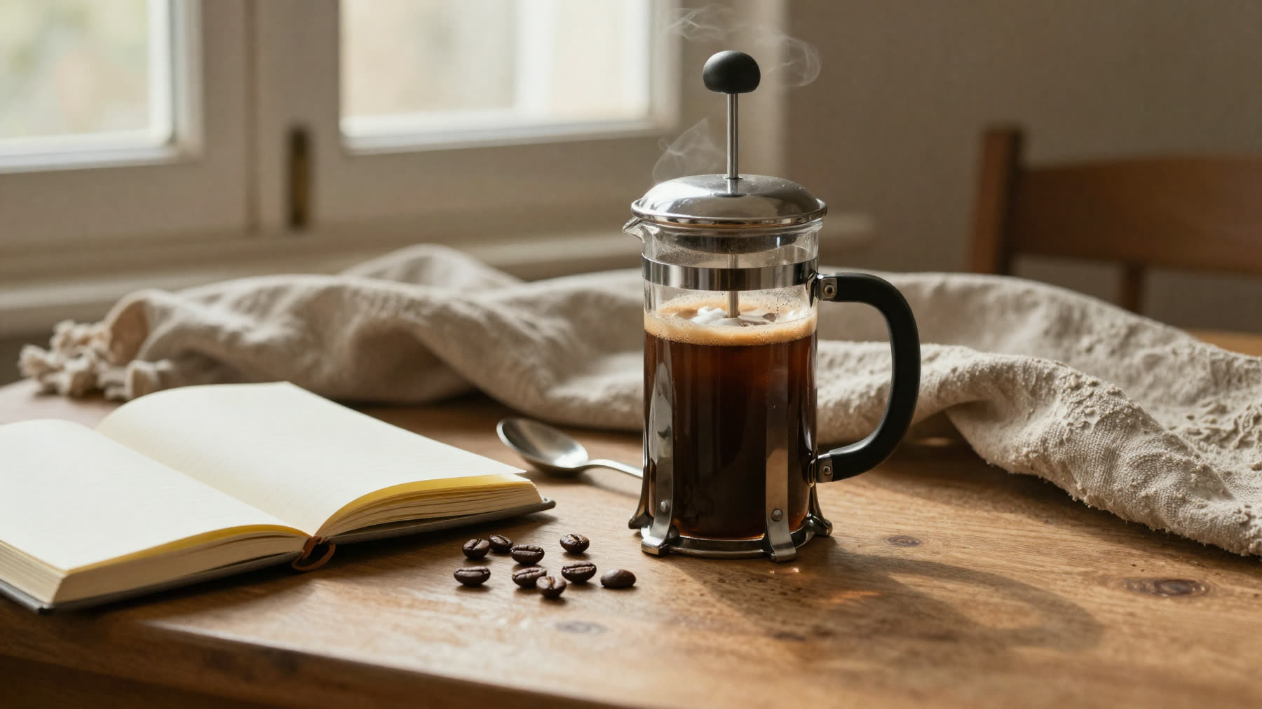 French Press auf einem Eichenholztisch im Morgenlicht