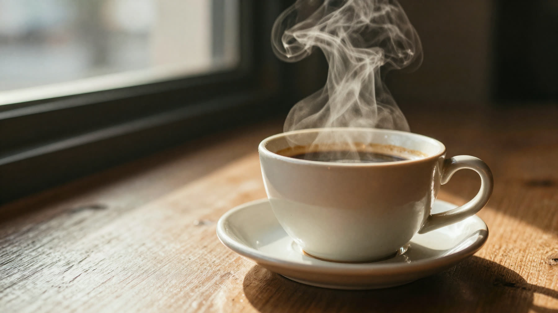 Eine dampfende Tasse Kaffee im Morgenlicht